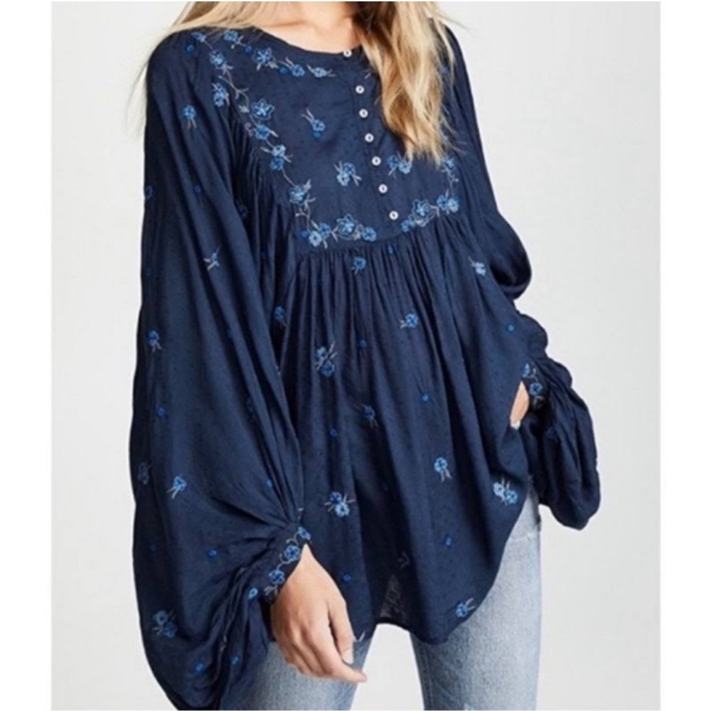 Free People | Kiss From A Rose Tunic | Navy Blue Embroidered Blouse
